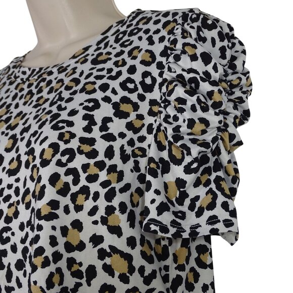 Les Amis Leopard Animal Print Ruffle Short Sleeve Top Women Size L Crewneck - Picture 3 of 9